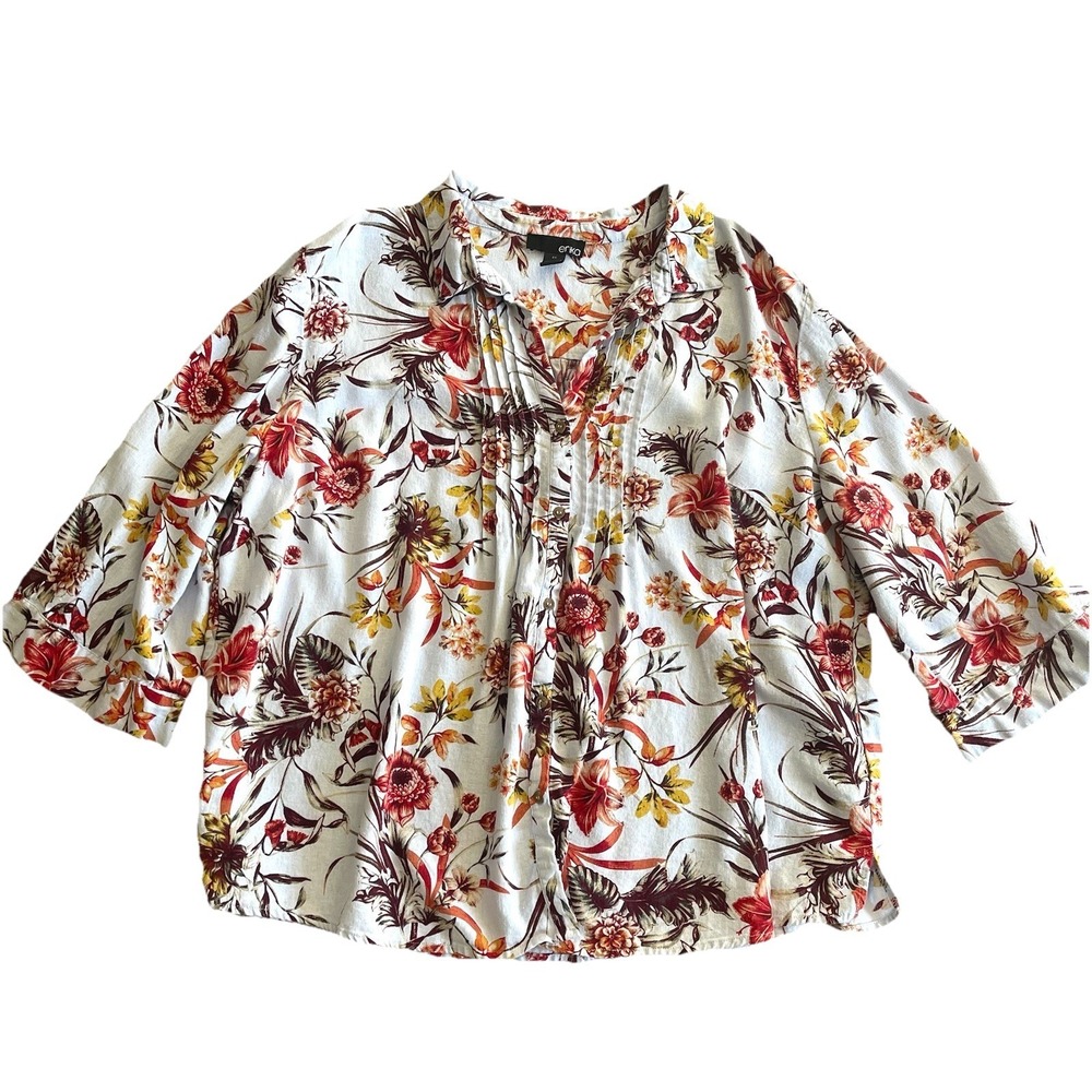 Erika Womens 2X Linen Floral Blouse Roll Tab Sleeve Button Up Pin Tuck Top Shirt